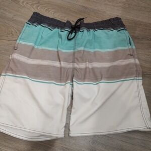 Milankerr Mens Board Shorts Sz Large Green Gray Blue Striped Swim Beach Vacation